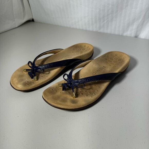 Vionic Bella Navy Blue Patent Leather Flip Flop Sandals Women’s Size 10 Lizard - Picture 6 of 7